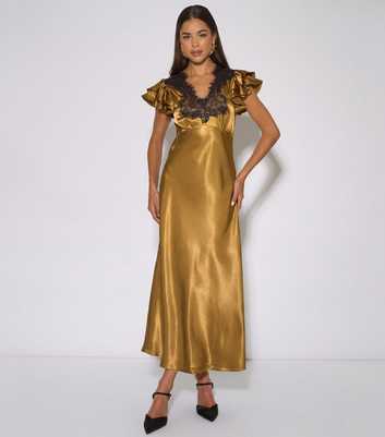 Gini London Gold Satin Lace Trim Maxi Dress