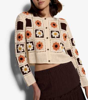 Apricot Stone Daisy Crochet Knit Cropped Cardigan