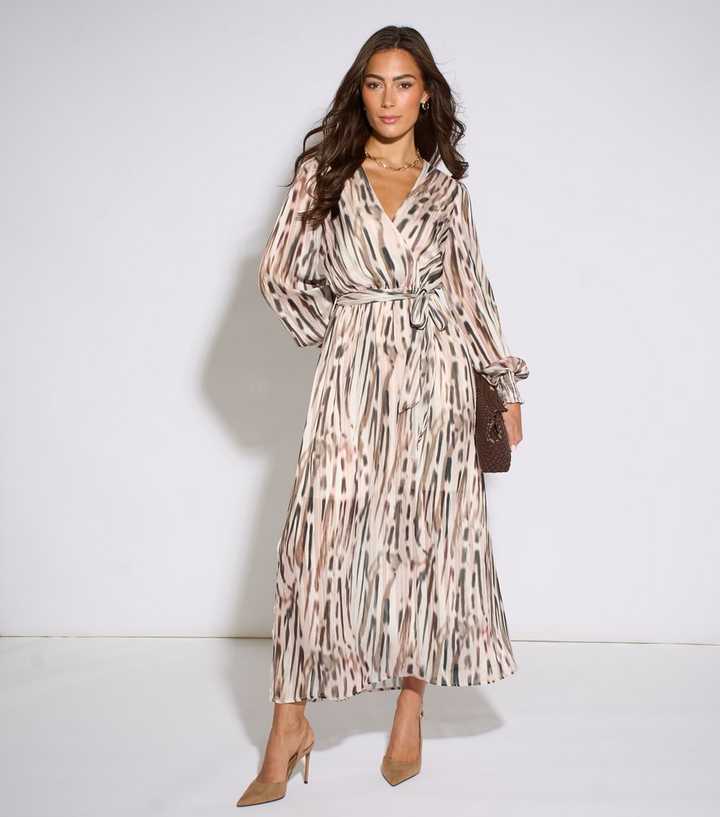 Gini London Oatmeal Printed Wrap Midi Dress
