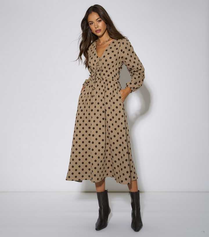 Gini London Oatmeal and Brown Polka Dot Long Sleeve Skater Midi Dress