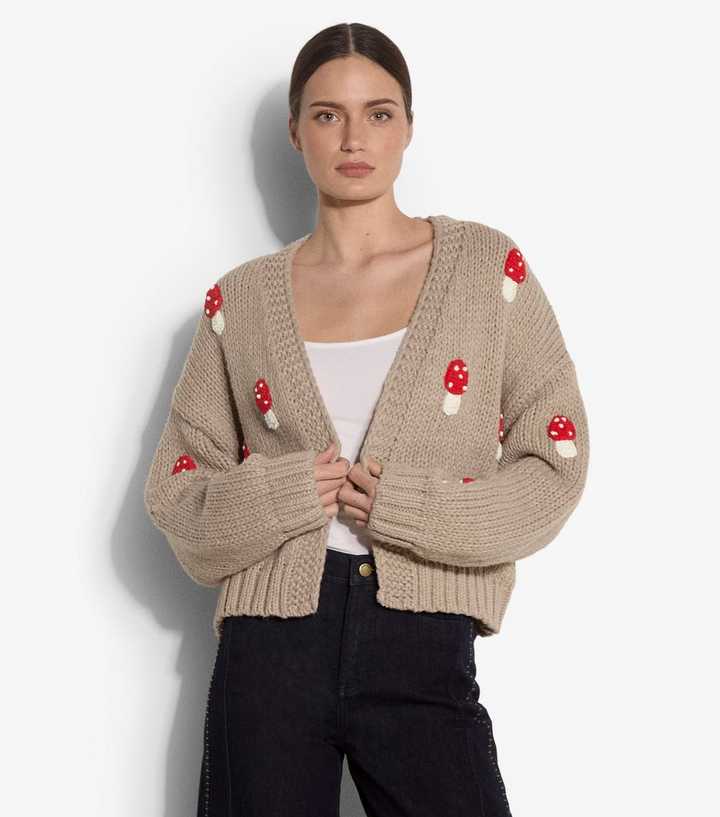 Apricot Stone Mushroom Embroidered Knit Open Front Cardigan