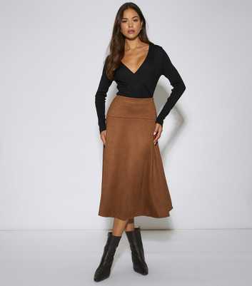 Gini London Tan Faux Suede A Line Midi Skirt