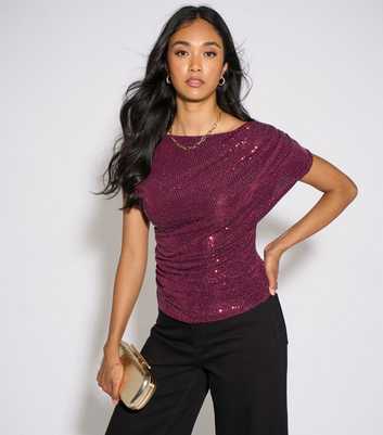 Gini London Dark Burgundy Off Shoulder Sequin Top