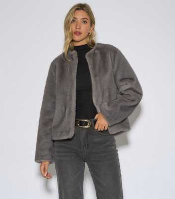 Gini London Grey Faux Fur Collarless Jacket