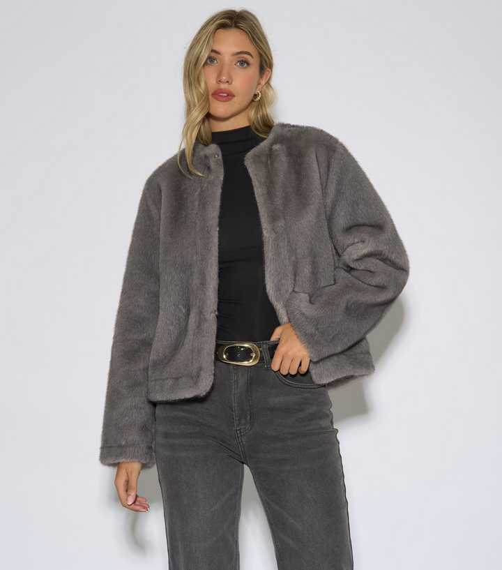 Gini London Grey Faux Fur Collarless Jacket