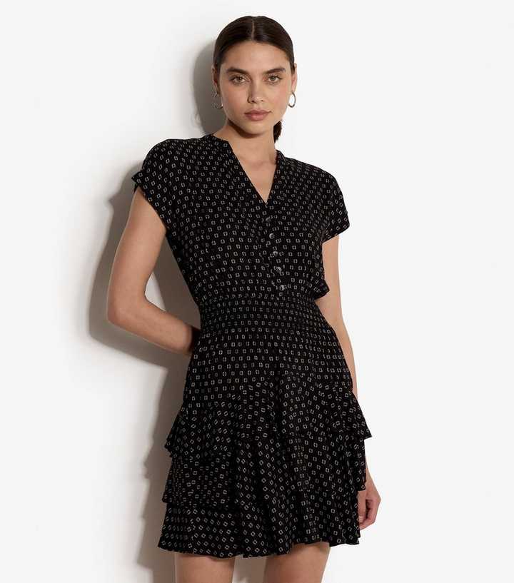 Apricot Black Tiered Mini Shirt Dress