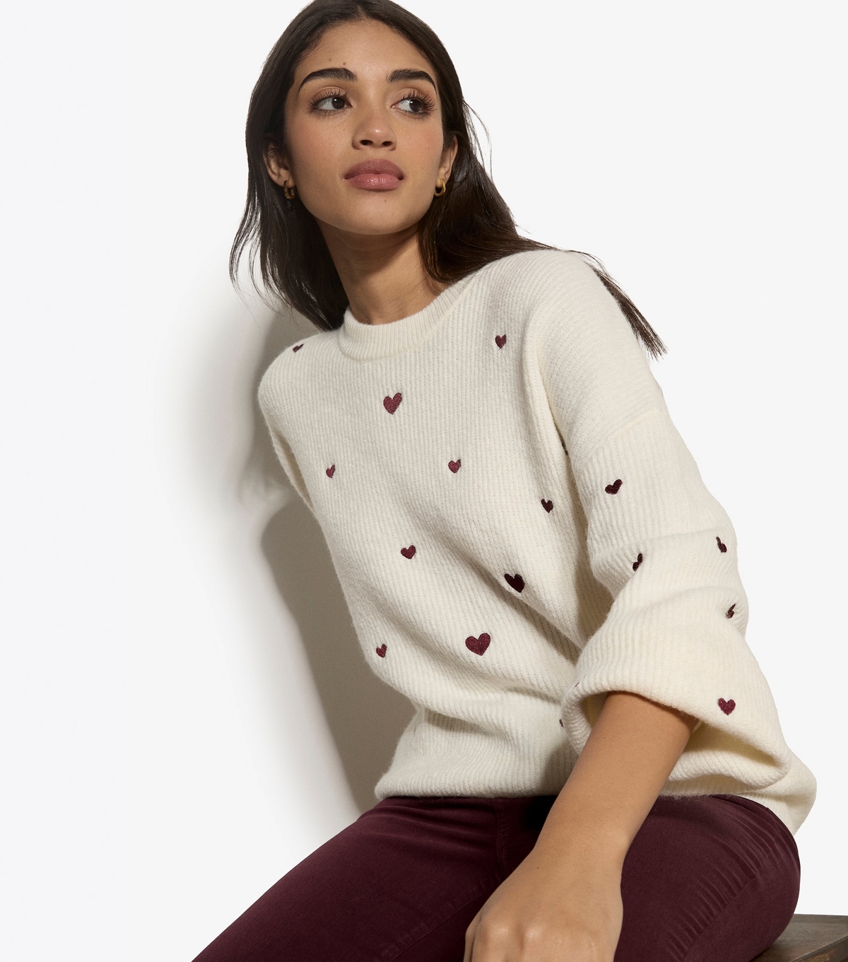 Women's Cream Knitted Embroidered Heart Oversized Jumper Apricot New Look