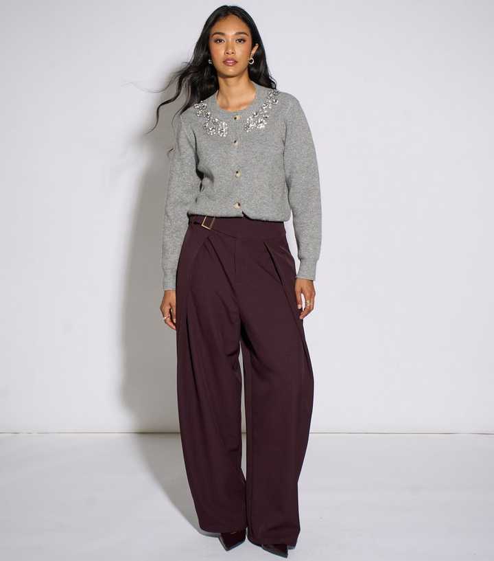 Gini London Dark Purple Buckle Pleat Tapered Trousers