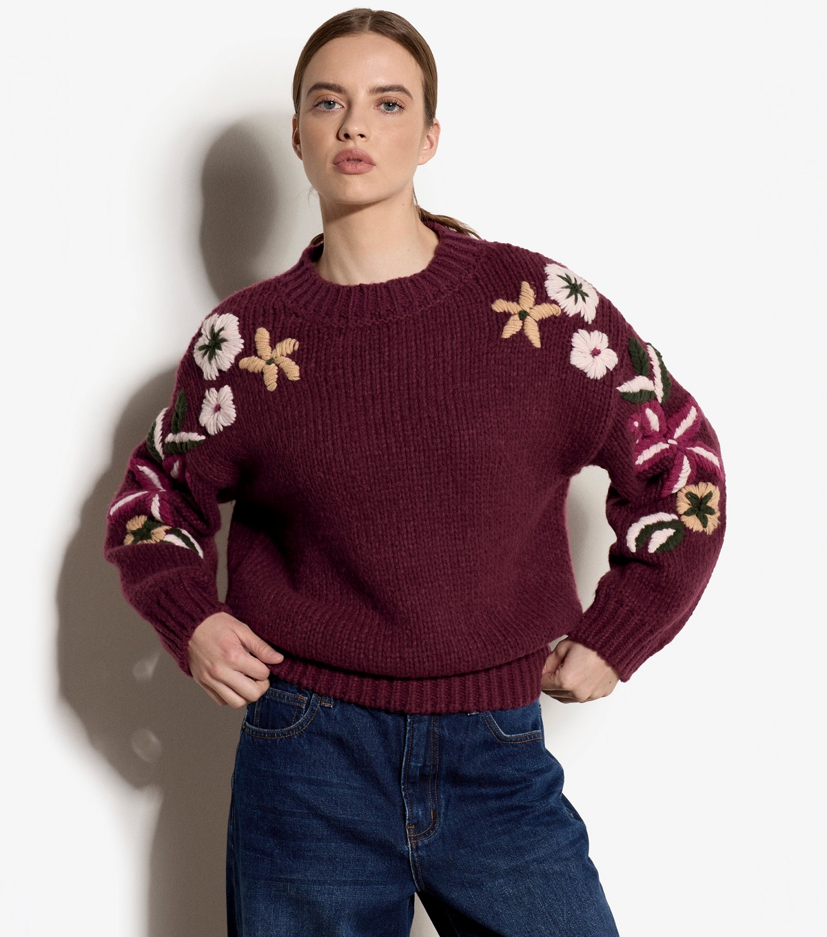 Women's Dark Burgundy Floral Embroidered Sleeve Oversized Jumper Apricot New Look