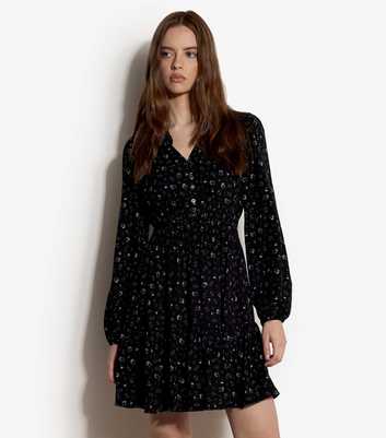 Apricot Black Ditsy Print Long Sleeve Smock Mini Dress