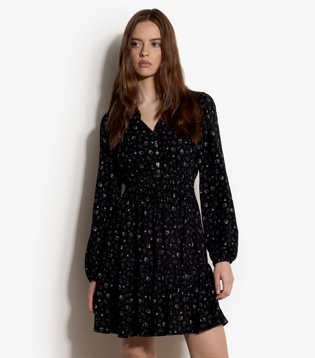 Women's Black Ditsy Print Long Sleeve Smock Mini Dress Apricot New Look