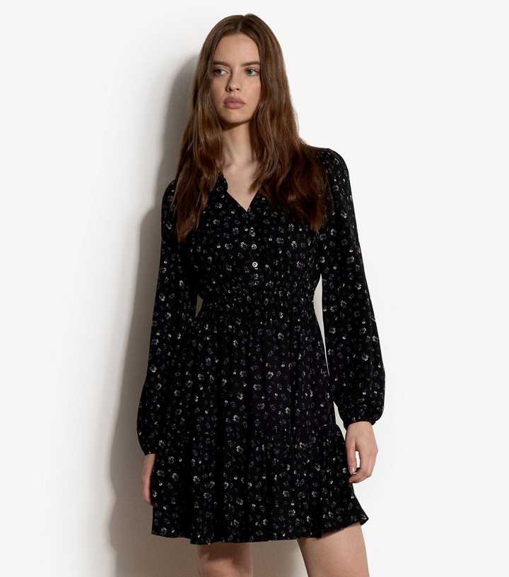 Apricot Black Ditsy Print Long Sleeve Smock Mini Dress