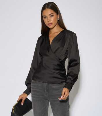 Gini London Black Satin Ruched Wrap Blouse