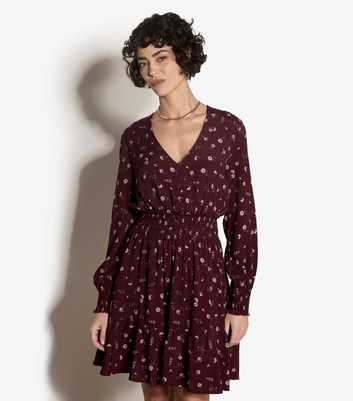 Apricot Dark Burgundy Floral Print V-Neck Mini Dress