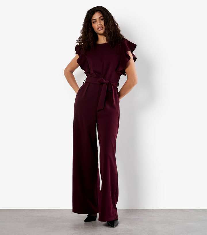 Apricot Dark Burgundy Velvet Ruffle Jumpsuit