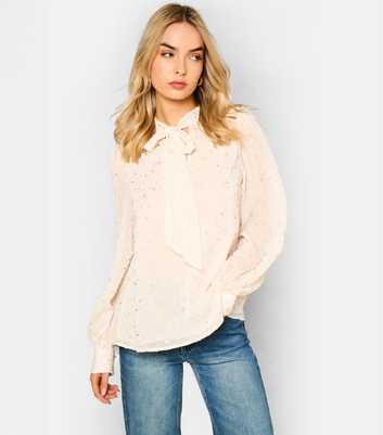 Gini London Oatmeal Star Print Tie Neck Long Sleeve Blouse