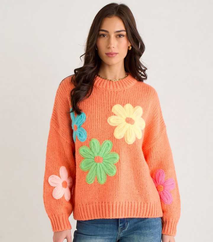 Gini London Orange Floral Crochet Knitted Jumper