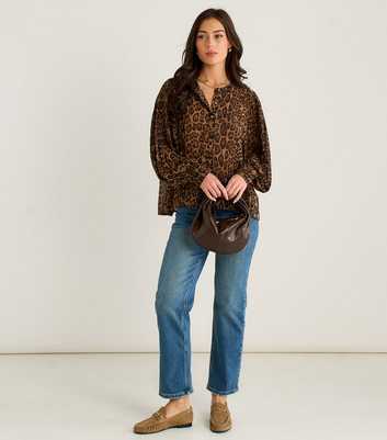 Gini London Brown Leopard Print Buttoned Lantern Sleeve Shirt