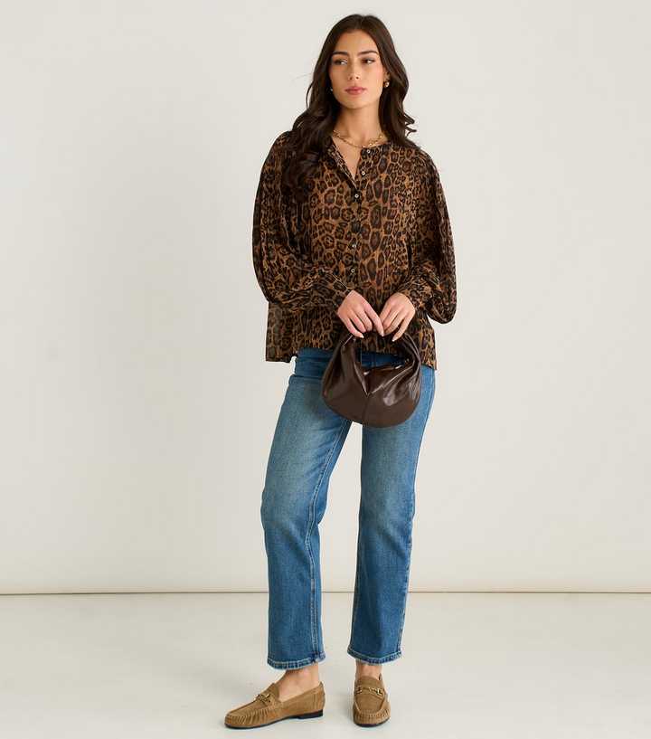 Gini London Brown Leopard Print Buttoned Lantern Sleeve Shirt