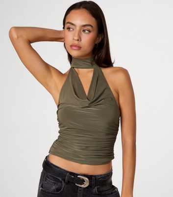 Pink Vanilla Dark Khaki Slinky Jersey Choker Halter Top