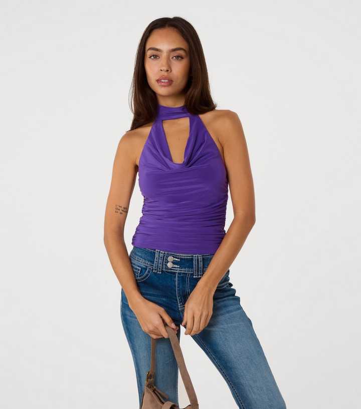 Pink Vanilla Dark Purple Slinky Jersey Choker Halter Top