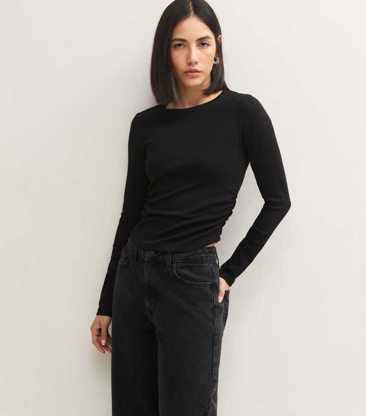 Black Cotton Rich Ruched Long Sleeve Baby Tee