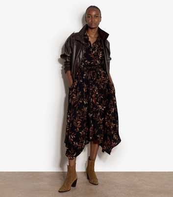 Apricot Black Handkerchief Hem Leaf Print Midi Dress