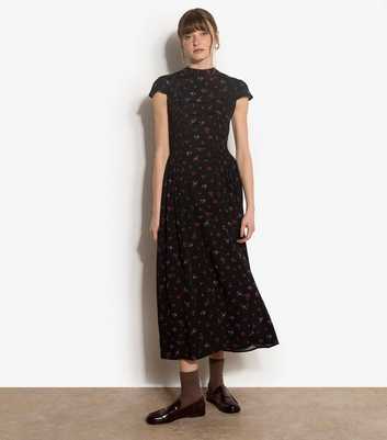 Apricot Black Ditsy Print Shirred Side Panel Midi Dress