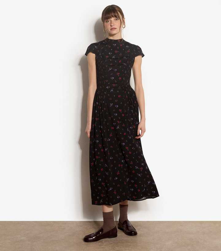 Apricot Black Ditsy Print Shirred Side Panel Midi Dress