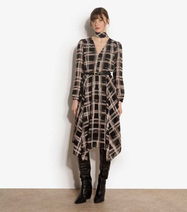 Apricot Black Checked Midi Dress
