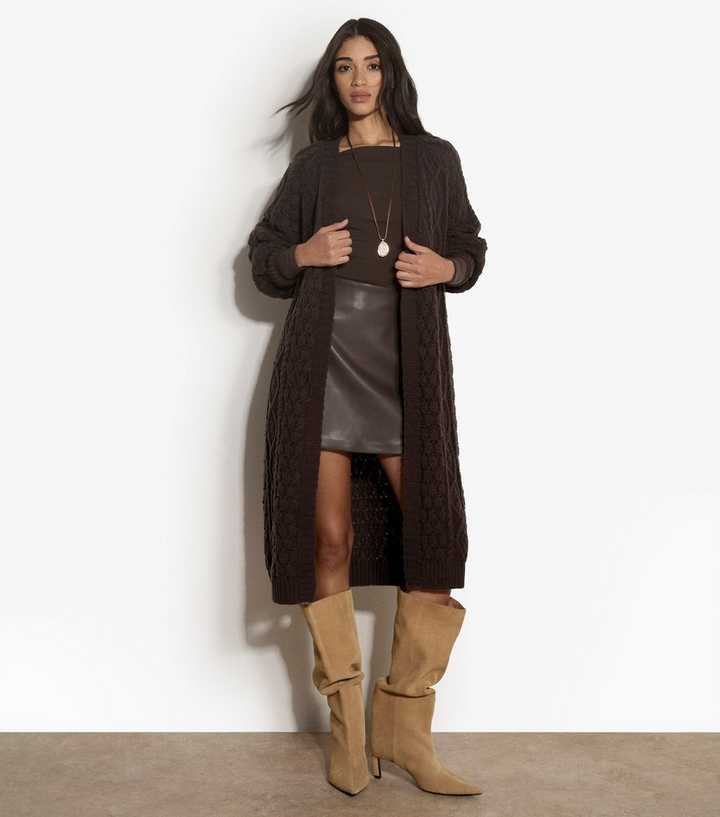 Apricot Dark Brown Cable Knit Open Front Longline Cardigan