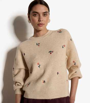 Apricot Stone Floral Embroidered Ribbed Knit Jumper