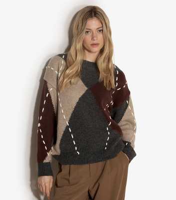 Apricot Dark Grey Argyle Knit Oversized Jumper