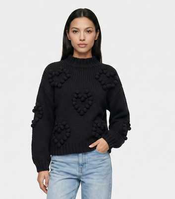 Gini London Black Chunky Knit Heart Pom Pom Embroidery High Neck Jumper