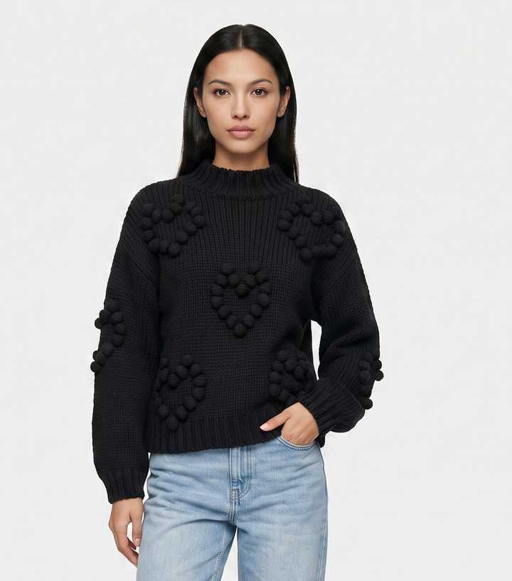 Gini London Black Chunky Knit Heart Pom Pom Embroidery High Neck Jumper