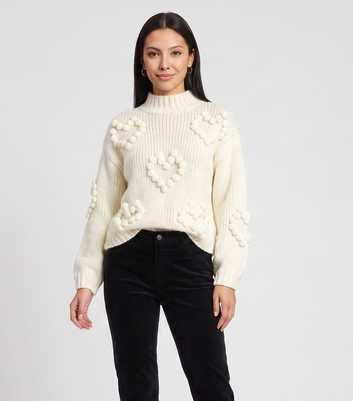 Gini London Cream Chunky Knit Heart Pom Pom Embroidery High Neck Jumper