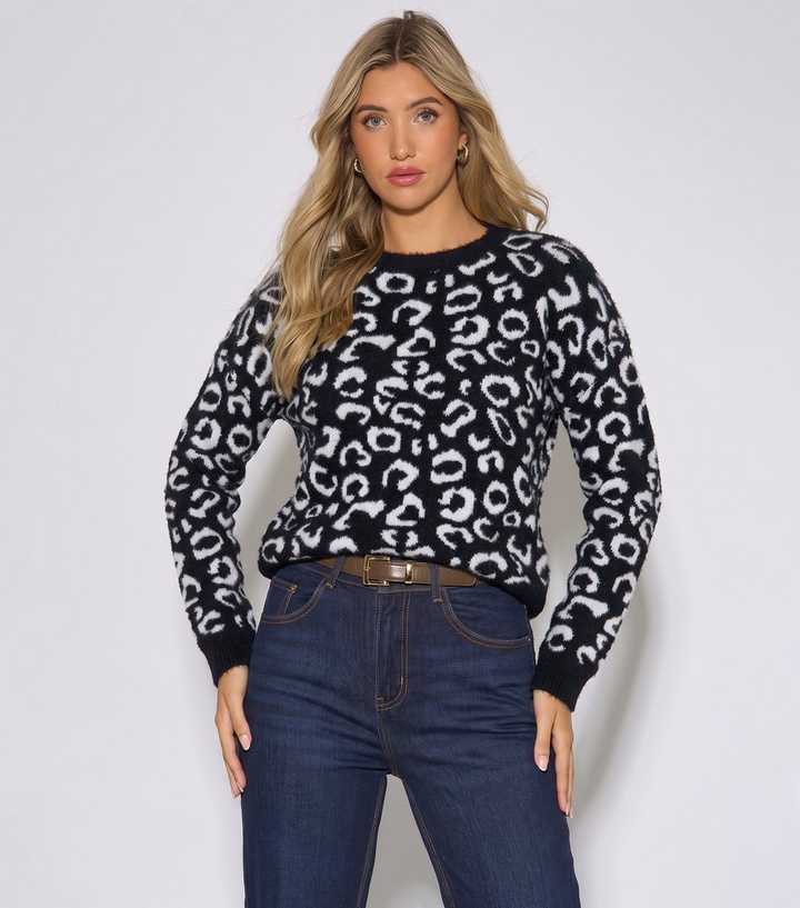 Gini London Black Animal Print Fluffy Knit Jumper