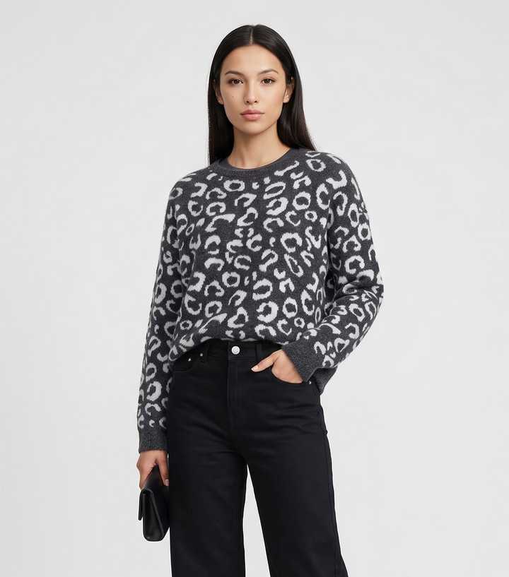 Gini London Grey Animal Print Fluffy Knit Jumper