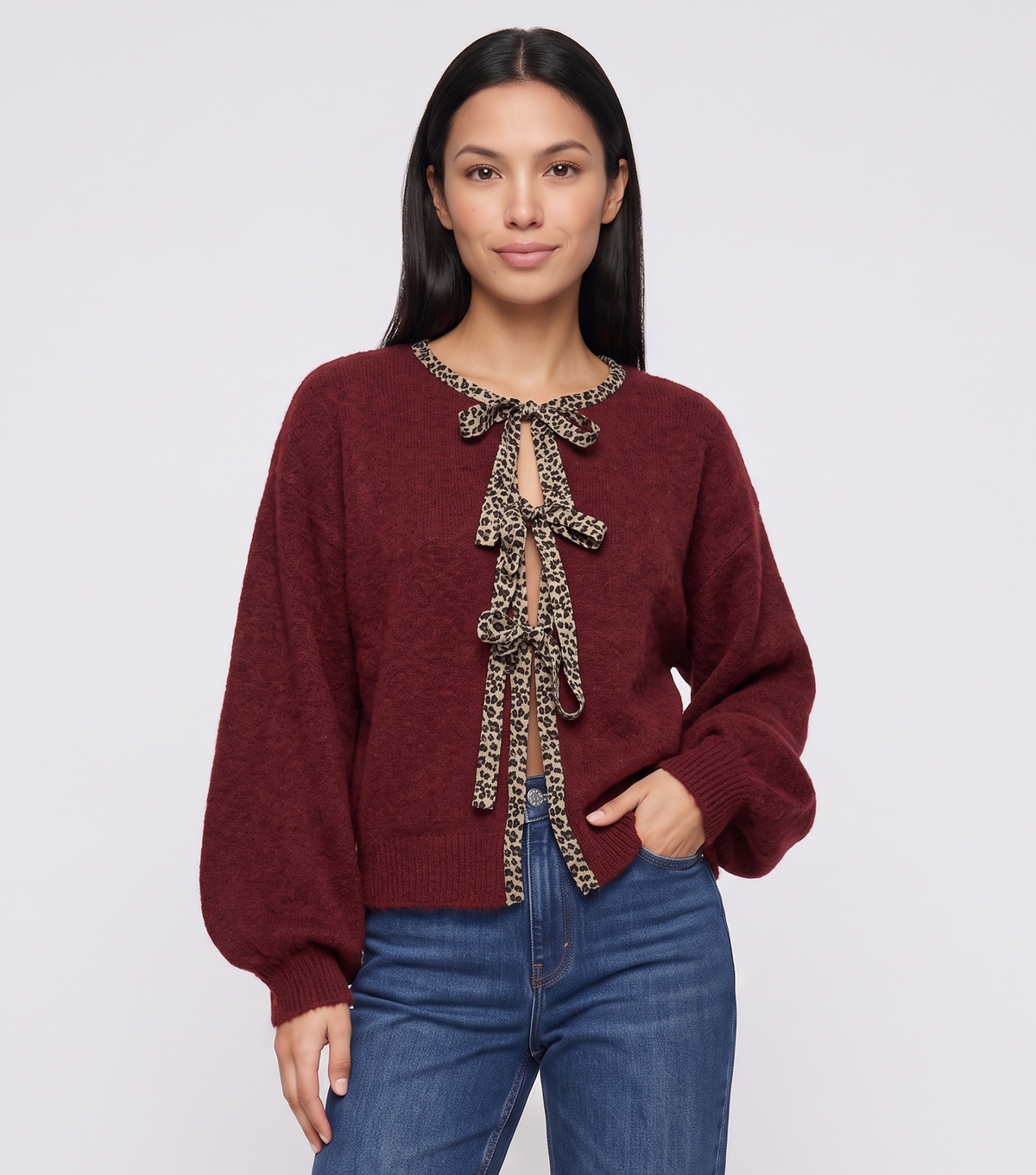 Women's Dark Burgundy Knit Contrast Trim Cardigan Gini London New Look