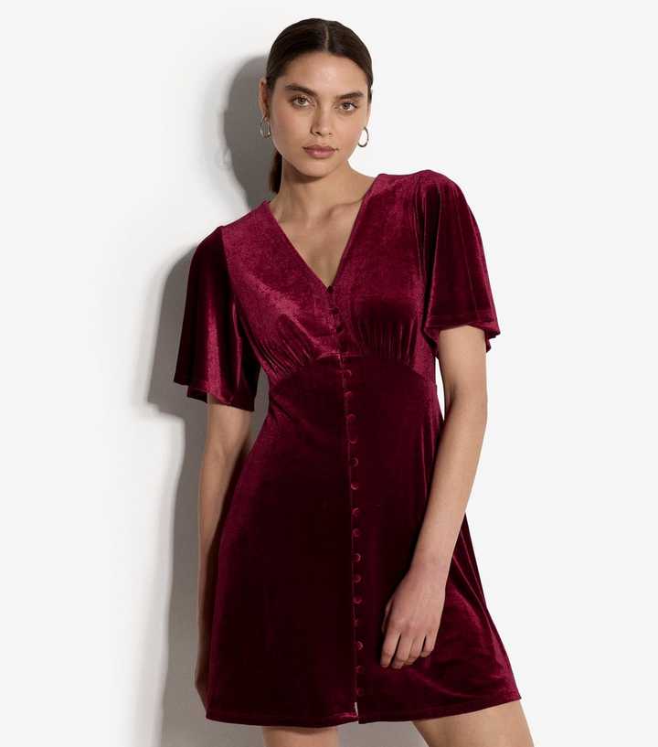 Apricot Bright Red V-Neck Front Button Mini Dress