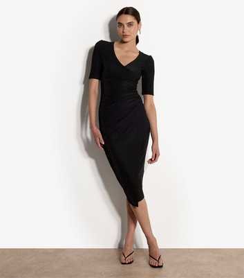 Apricot Black Sparkle Ruched V-Neck Wrap Short Sleeve Midi Dress