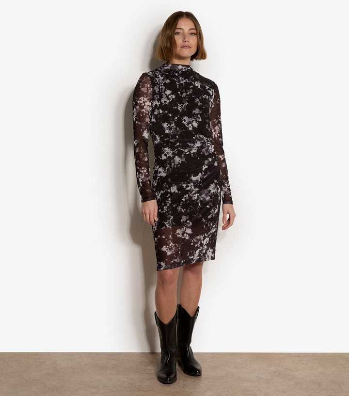 Apricot Black Tie Dye Mesh Midi Dress