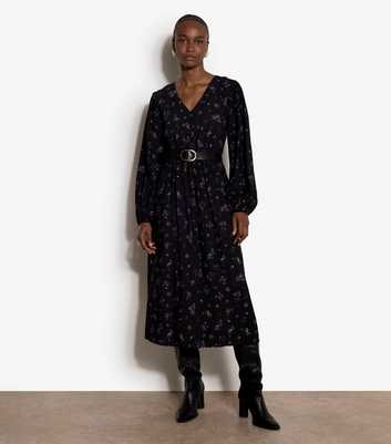 Apricot Black Smock Waist Ditsy Print Midi Dress