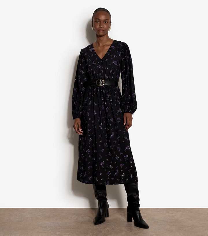 Apricot Black Smock Waist Ditsy Print Midi Dress