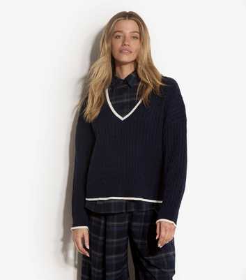 Apricot Navy V-Neck Contrast Trim Knitted Jumper