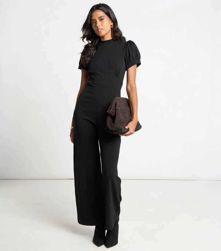 Black Puff Sleeve High Neck Jumpsuit