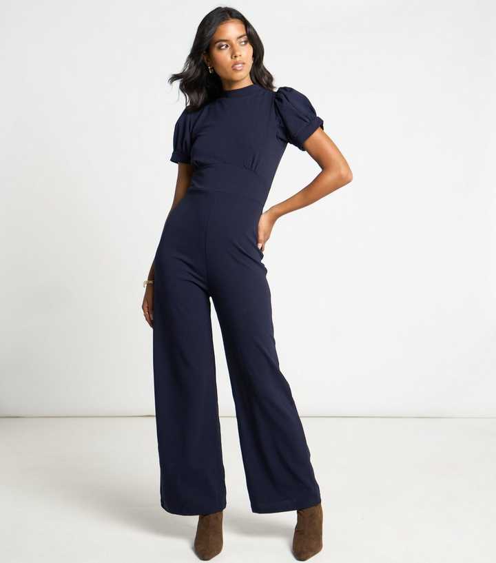 Arch Navy Puff Sleeve High Neck Jumpsuit