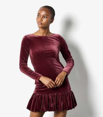 Apricot Dark Burgundy Velvet Bubble Hem Long Sleeve Mini Dress