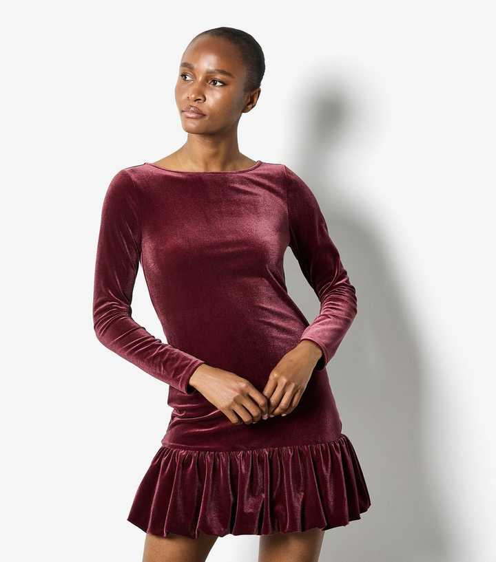 Apricot Dark Burgundy Velvet Bubble Hem Long Sleeve Mini Dress