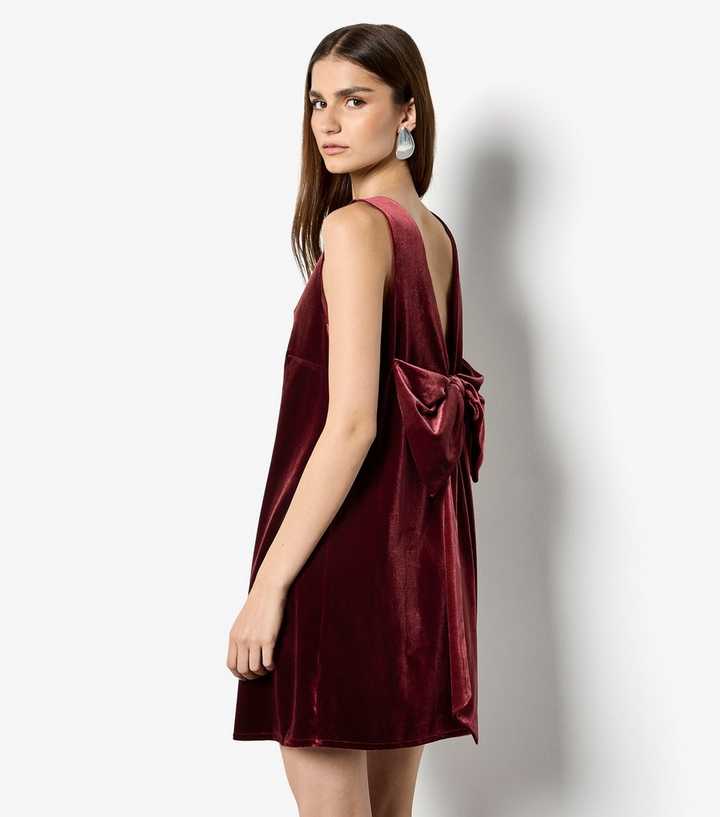 Apricot Dark Burgundy Velvet V-Back Large Bow Embellished Mini Dress
